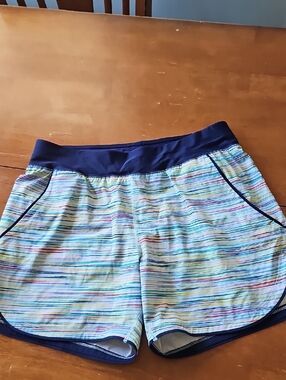 Lands' End Women's Multicolor Striped Swim Shorts with Navy Waistband